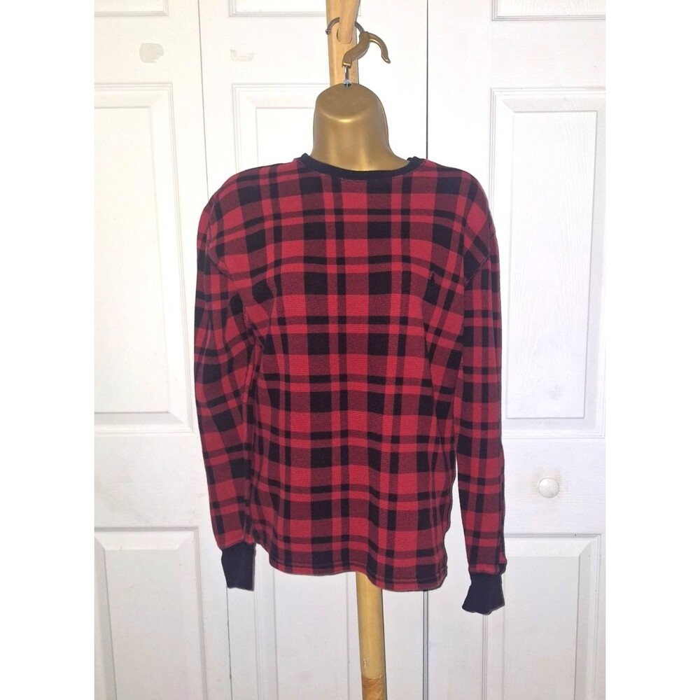 Polo Ralph Lauren Red Black Plaid Thermal Waffle Crew Sweater M Embroidered Pony